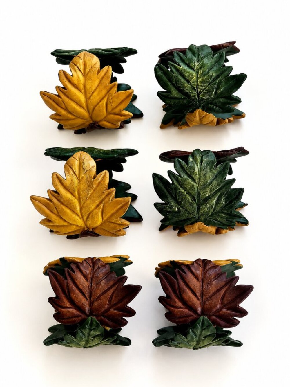 Bardwil Maple Leaf Napkin Rings Set of 6 Brown Gold Green Resin Fall Table Decor
